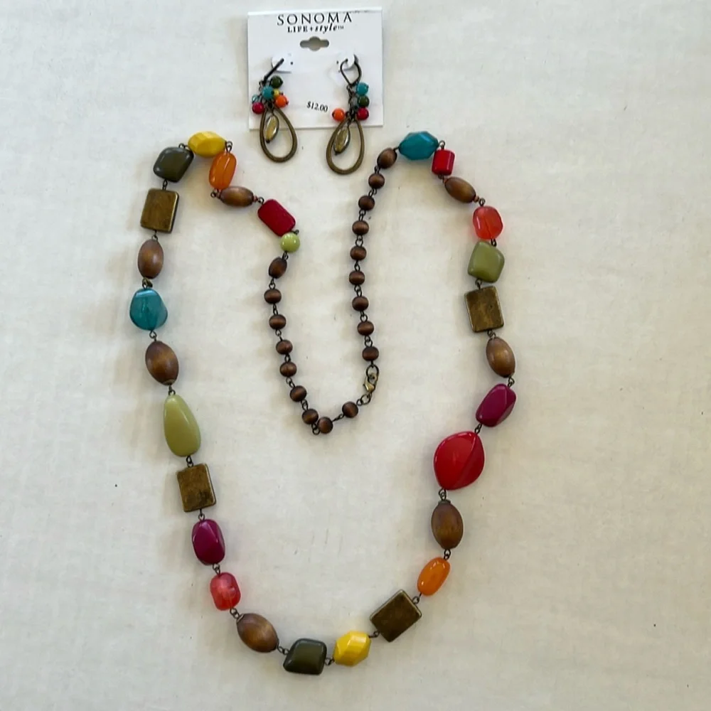 Sonoma Multi-Colored Beaded Necklace and Pierced Earrings.  NWT